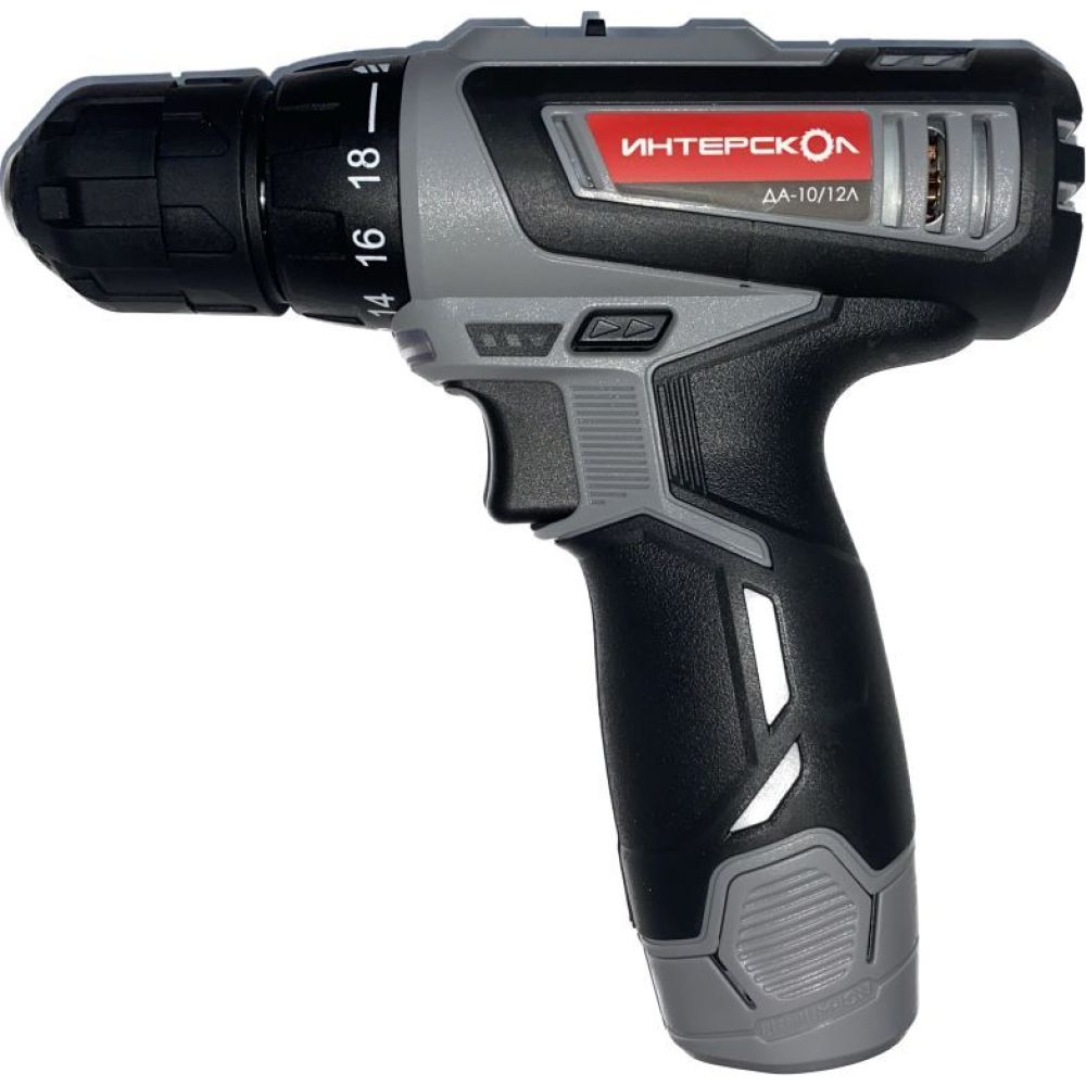 Аккумуляторная дрель-шуруповерт ИНТЕРСКОЛ ДА-10/12Л 38, 12 В, 1450 об/мин, с 2 АКБ 1.5 Ач и ЗУ (754.1.2.20)