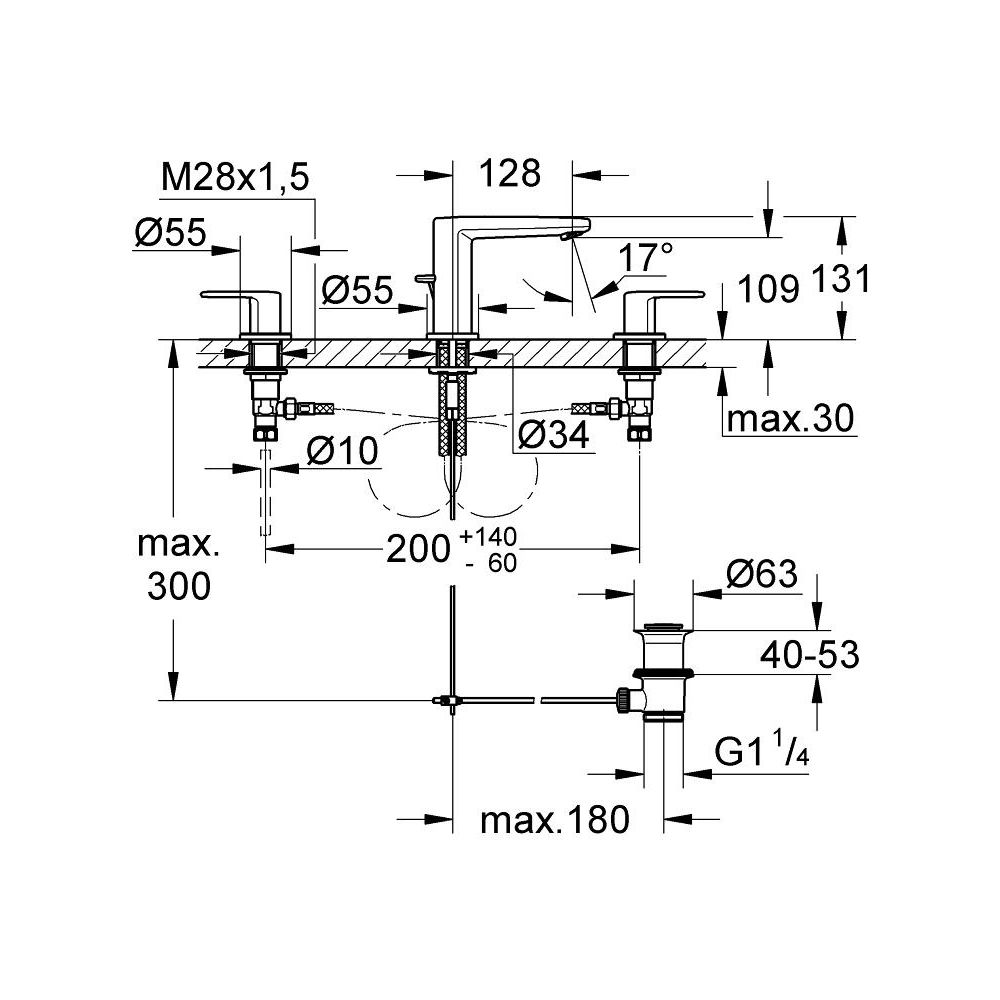 Смеситель для раковины GROHE Europlus двухвентильный на 3 отверстия, с донным клапаном, хром (20301000)