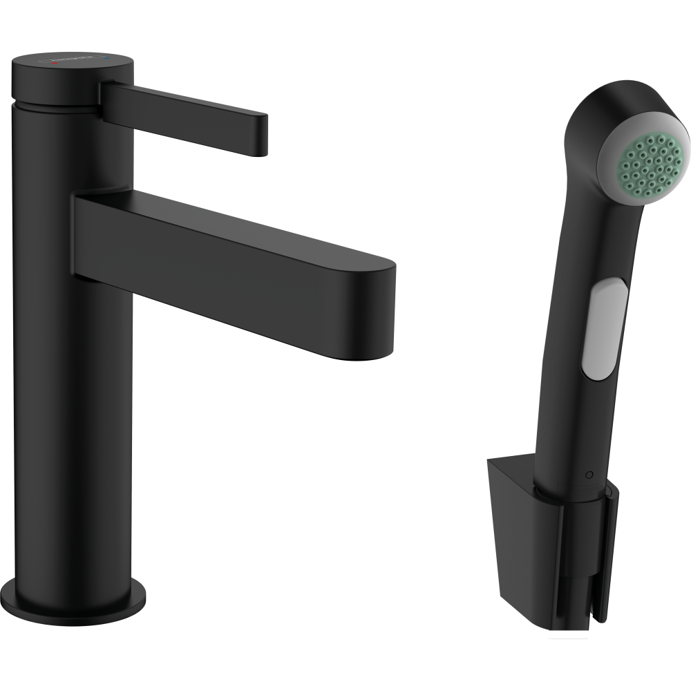 Смеситель для раковины hansgrohe Finoris 110 со сливным гарнитуром и гигиеническим душем 76210670, матовый черный