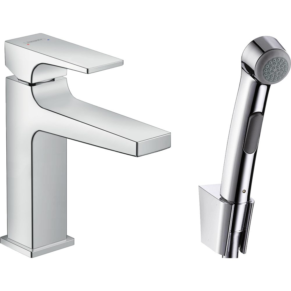 Смеситель для раковины hansgrohe Metropol 110 со сливным гарнитуром и гигиеническим душем 32522000, хром