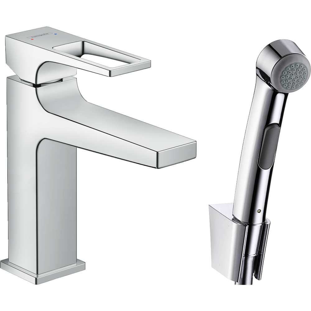 Смеситель для раковины hansgrohe Metropol 110 со сливным гарнитуром и гигиеническим душем 74522000, хром