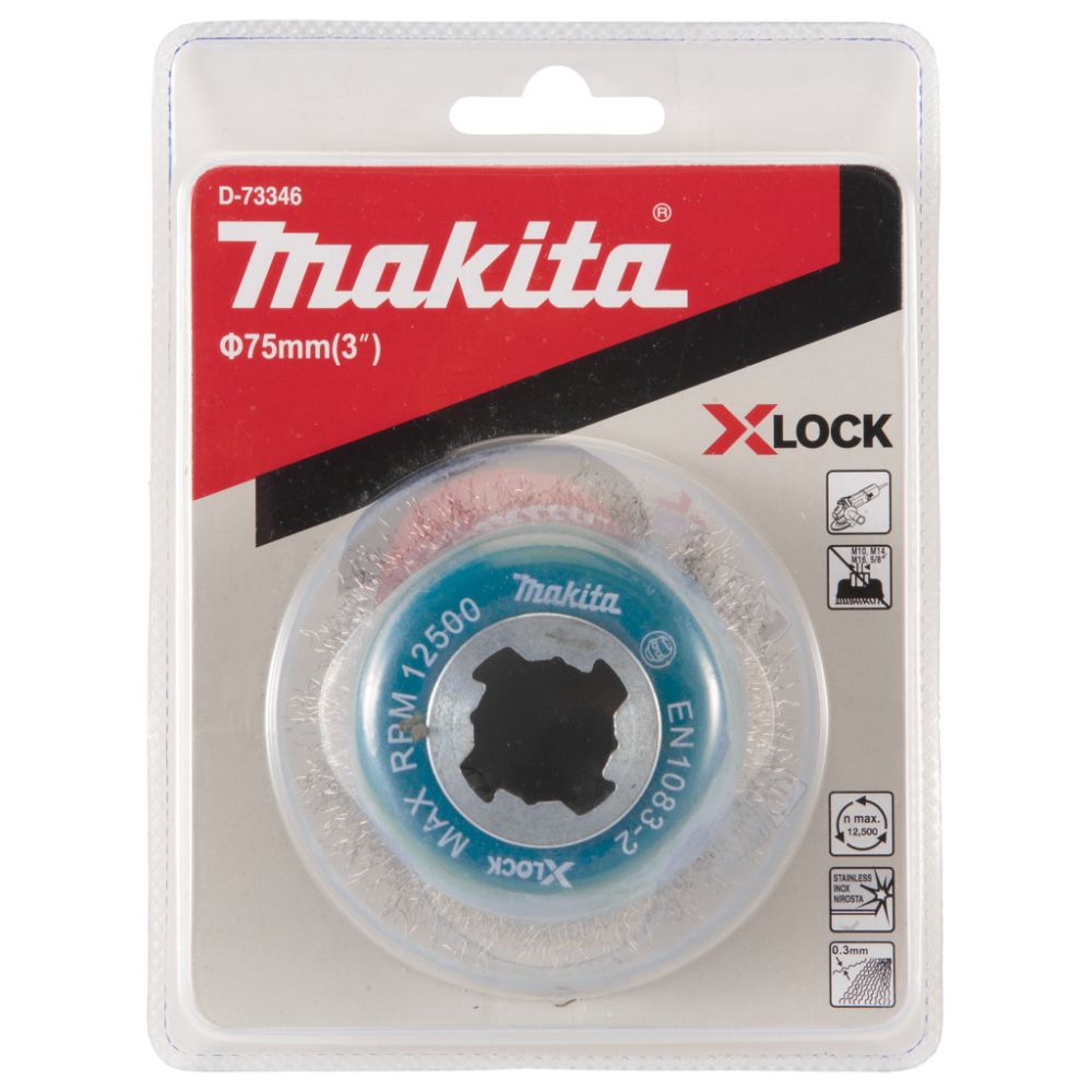 Щетка проволочная чашечная Makita X-lock (d75 мм, толщина проволоки 0, 3 мм, гофрированная, нержавейка), D-73346