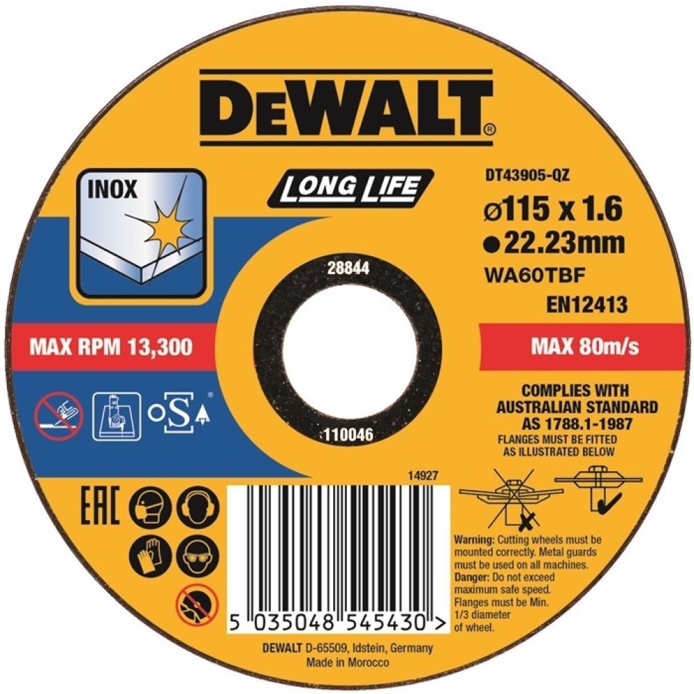 Круг отрезной DEWALT DT43905, высокий ресурс, 115 x 22.2 x 1.6 мм, тип 41