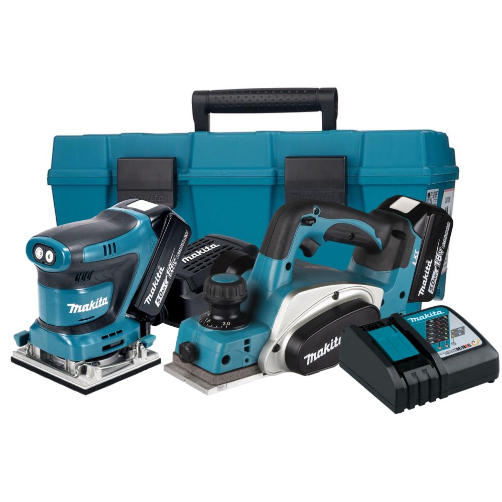 Аккумуляторный набор Makita, 18 В: шлифмашина DBO484 + рубанокDKP180, с 2 АКБ 3 Ач и ЗУ, в кейсе