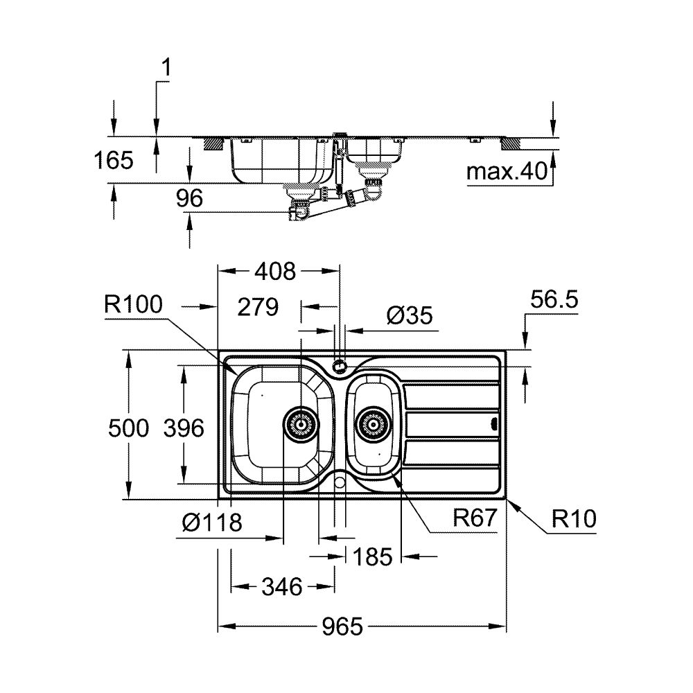 Мойка GROHE K200 60-S 96.5/50 1.5 оборачиваемая с корзинчатым вентилем, нержавеющая сталь (31564SD1)