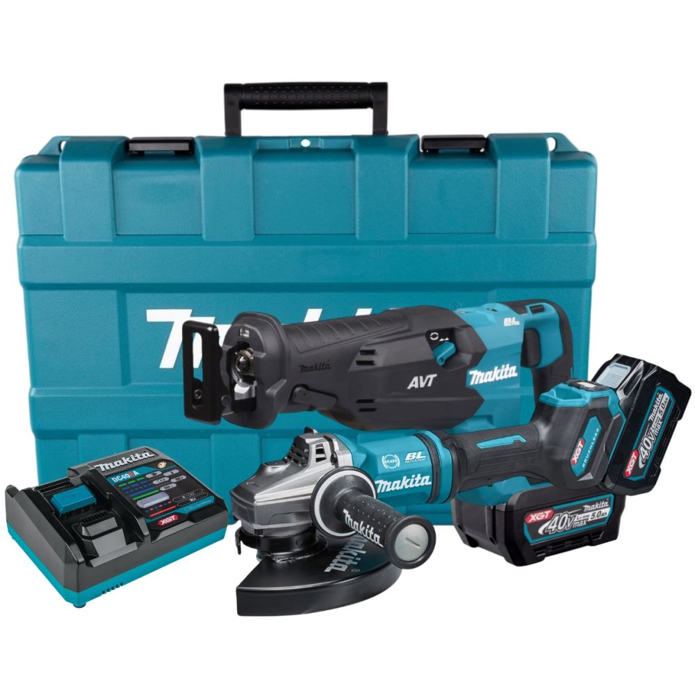 Аккумуляторный набор Makita, 40 В: сабельная пила JR002 + угловая шлифмашина GA038, с 2 АКБ 5 Ач и ЗУ, в кейсе