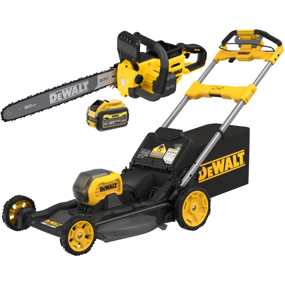 Аккумуляторный набор садовой техники DEWALT, 54 В: цепная пила DCMCS575 + газонокосилка DCMWSP550, с АКБ 3 Ач и ЗУ
