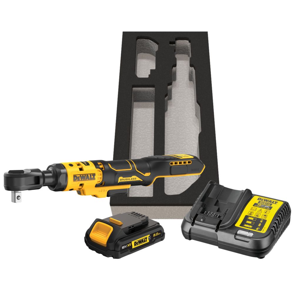 Аккумуляторный угловой гайковерт DEWALT DCF512D1G, с трещоткой, 18 В, 95 Нм, 250 об/мин, с АКБ 2 Ач и ЗУ, в чехле (DCF512D1G-QW)