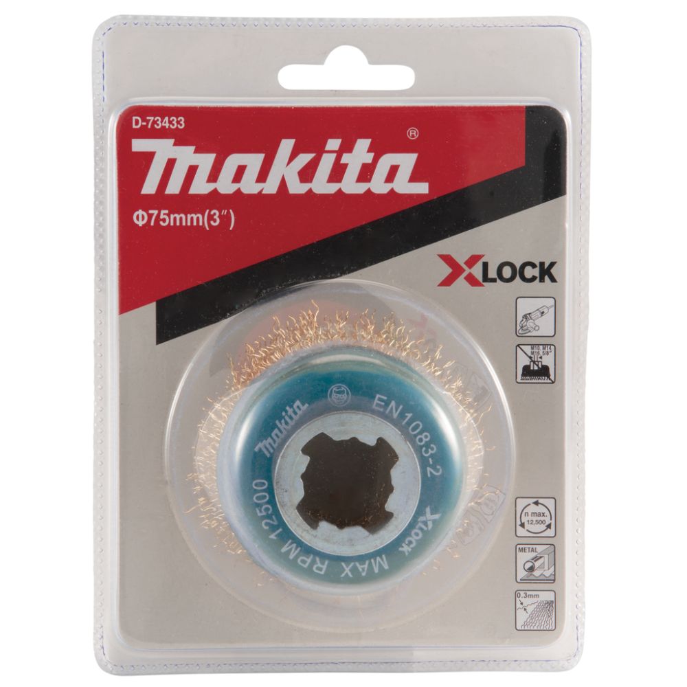 Щетка проволочная чашечная Makita X-lock (d75 мм, толщина проволоки 0, 3 мм, гофрированная, латунь), D-73433