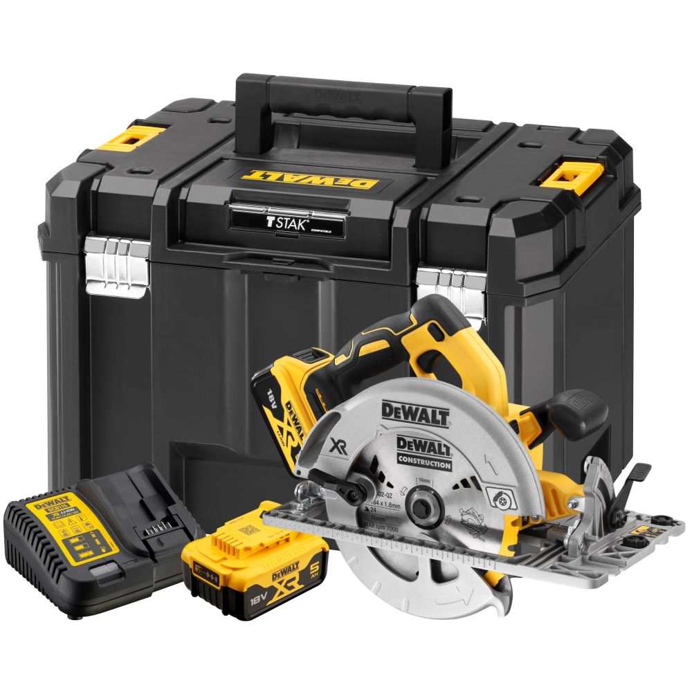 Аккумуляторная дисковая пила DEWALT DCS572P2, 18 В, 184 мм, 5500 об/мин, с 2 АКБ 5 Ач и ЗУ, в кейсе TSTAK (DCS572P2-QW)