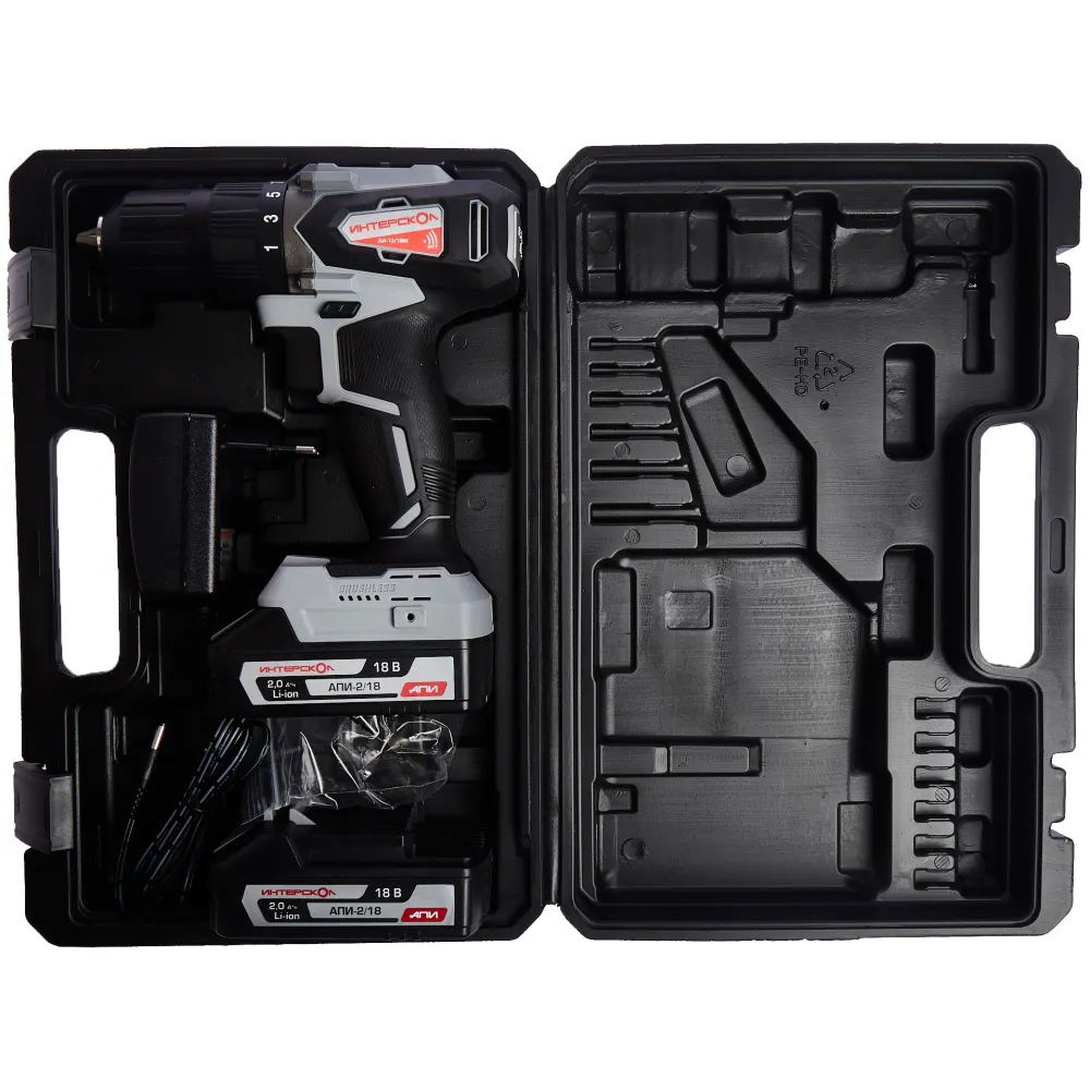 Аккумуляторная дрель-шуруповерт ИНТЕРСКОЛ ДА-13/18ВК 45, 18 В, 1700 об/мин, с 2 АКБ 2 Ач и ЗУ, в кейсе (575.2.2.70)