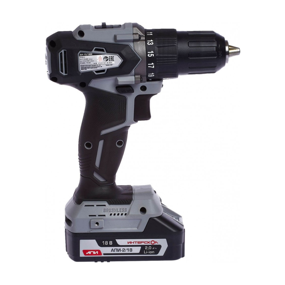 Аккумуляторная дрель-шуруповерт ИНТЕРСКОЛ ДА-13/18ВК 45, 18 В, 1700 об/мин, с 2 АКБ 2 Ач и ЗУ, в кейсе (575.2.2.70)