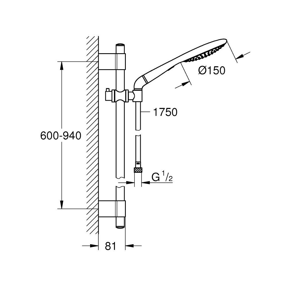 Душевой гарнитур GROHE Rainshower Solo 150, 2 режима струи, душевая штанга 900 мм, хром (27273001)