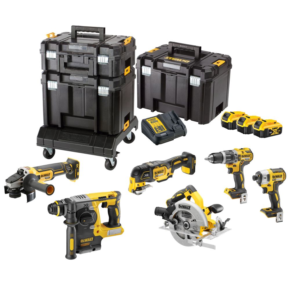 Аккумуляторный набор DEWALT DCK685P3T, 18 В: перфоратор + дисковая пила + УШМ + дрель + шуруповерт + реноватор, с 3 АКБ 5 Ач и ЗУ, в 3 кейсах TSTAK