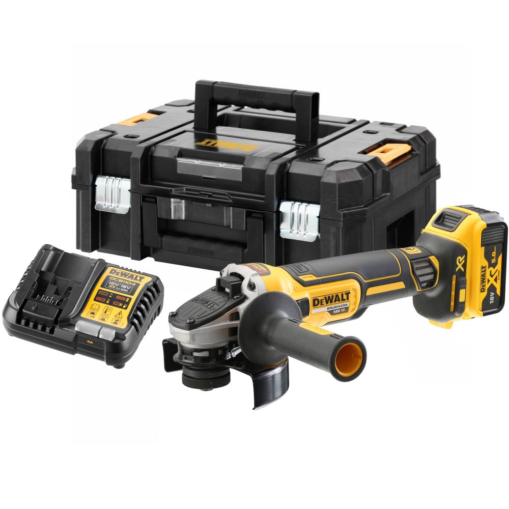 Аккумуляторная угловая шлифмашина DEWALT DCG405P1T, 18 В, 125 мм, 9000 об/мин, с АКБ 5 Ач и ЗУ, в кейсе TSTAK (DCG405P1NT-XJ)