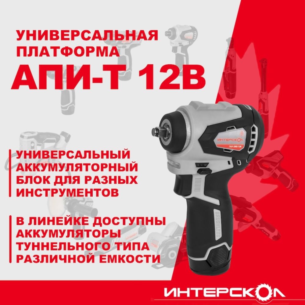 Аккумуляторный ударный гайковерт ИНТЕРСКОЛ ГАУ-250/12ВЭ, 12 В, 250 Нм, 3200 уд/мин, с 2 АКБ 2 Ач и ЗУ, в кейсе (804.2.2.70)
