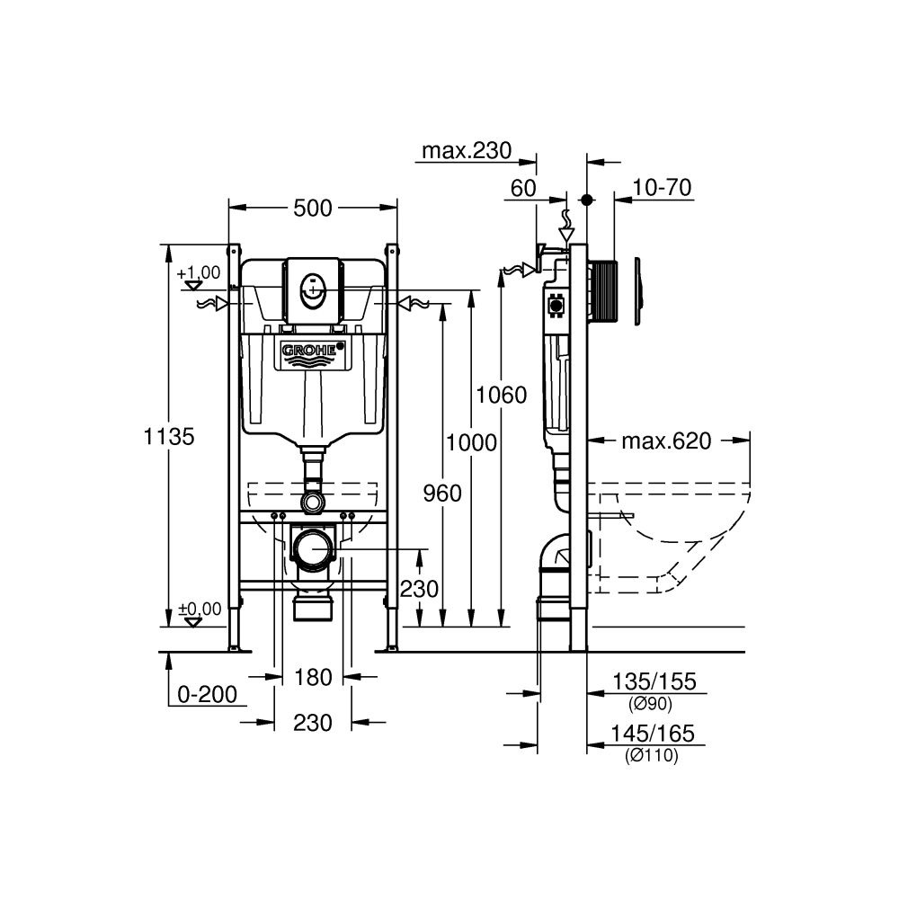 Комплект инсталляции для унитаза GROHE Rapid SL 3 в 1, с панелью смыва Skate Air, хром (38745001)