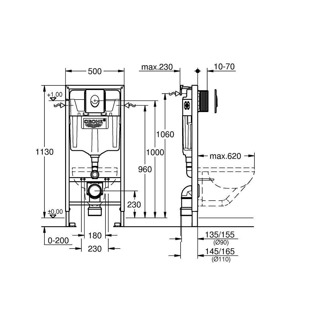 Комплект инсталляции для унитаза, GROHE Rapid SL 4 в 1 с панелью смыва Skate Air, хром (38750001)