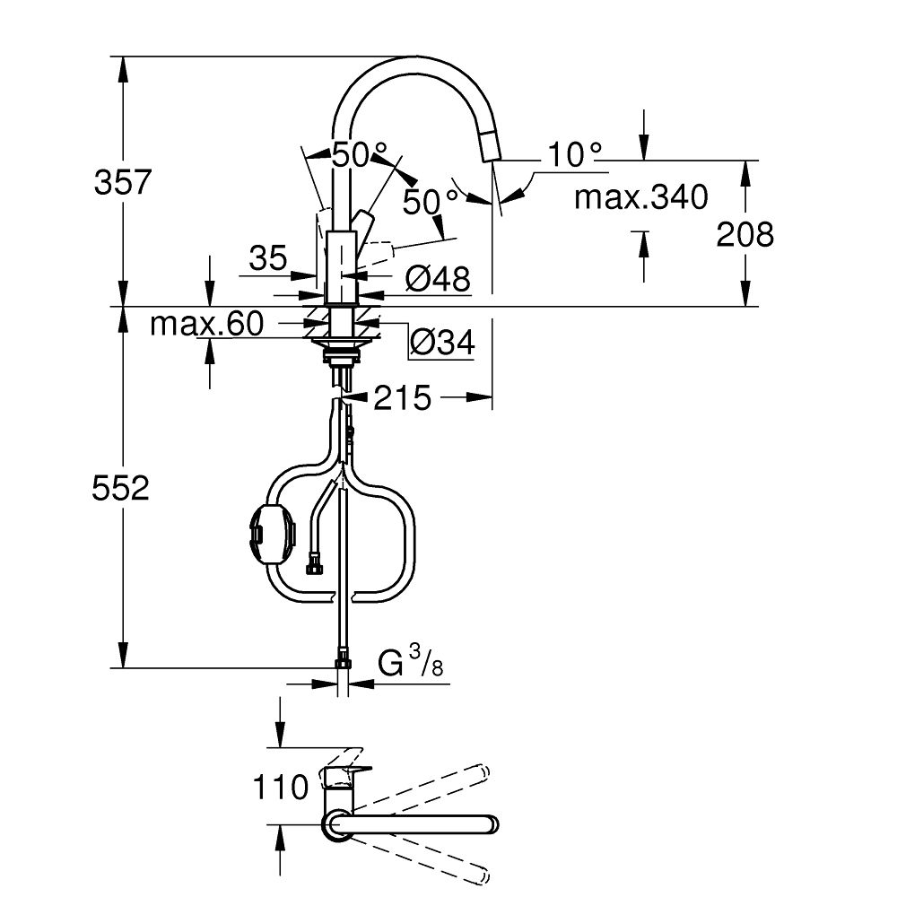 Смеситель для кухни GROHE BauEdge с вытяжным изливом, хром (30536000)