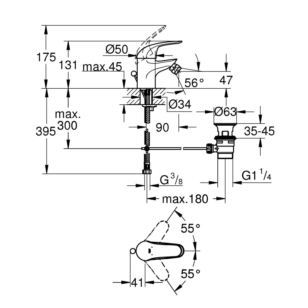 Смеситель для биде GROHE Euroeco с донным клапаном, S-size, хром (23263000)