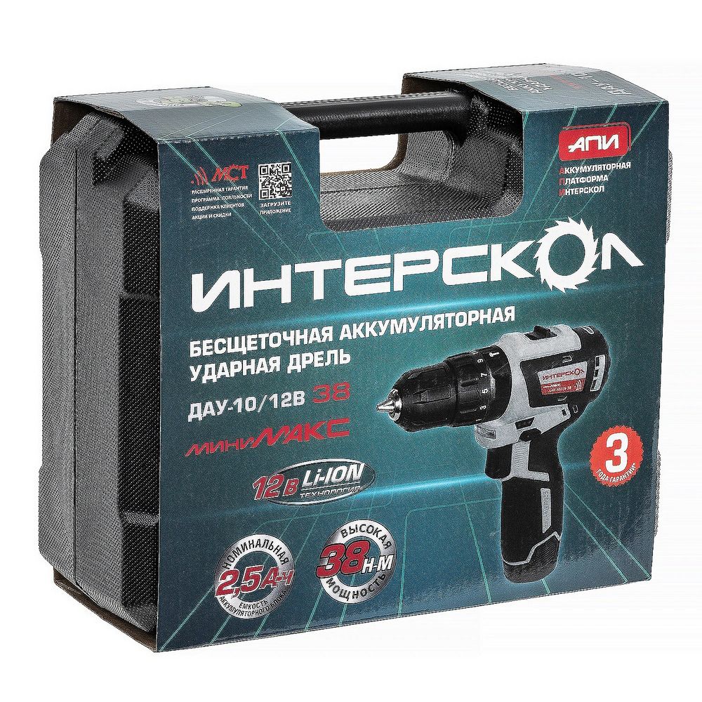 Дрель-шуруповерт ИНТЕРСКОЛ МиниМАКС ДАУ-10/12В, 12 В, 1450 об/мин, 25500 уд/мин, с 2 АКБ 2.5 Ач и ЗУ, в кейсе (767.2.2.45)