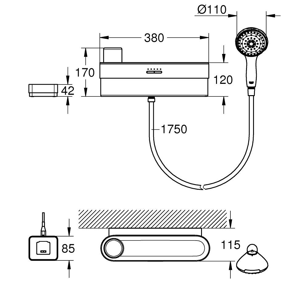 Душевой набор GROHE Purefoam, 2 режима, 1750 мм, 7,6 л/мин, хром/черный (1033670000)