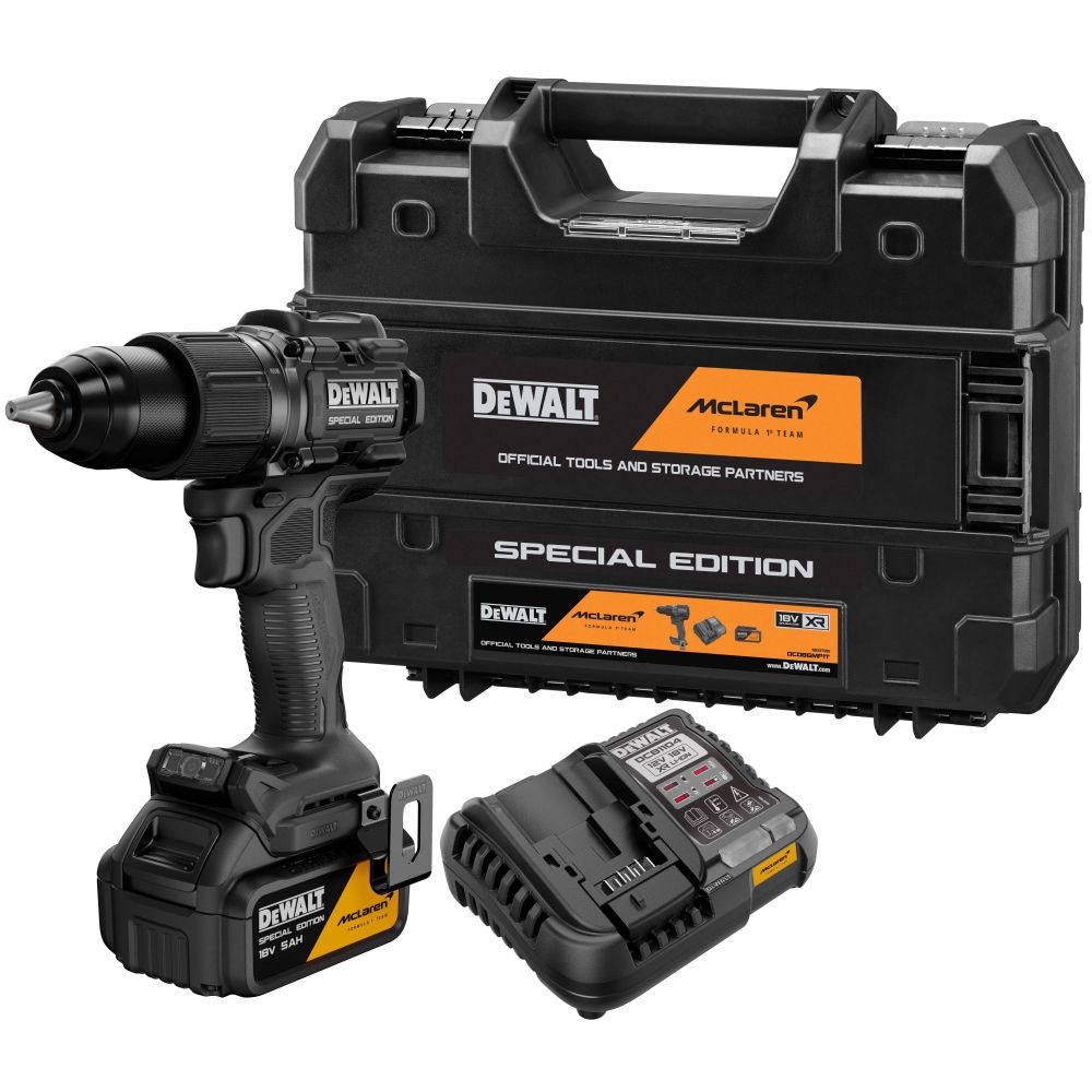 Ударная дрель-шуруповерт DEWALT McLaren Limited Edition DCD86MP1T, 18 В, 2000 об/мин, с АКБ 5 Ач и ЗУ, в кейсе TSTAK