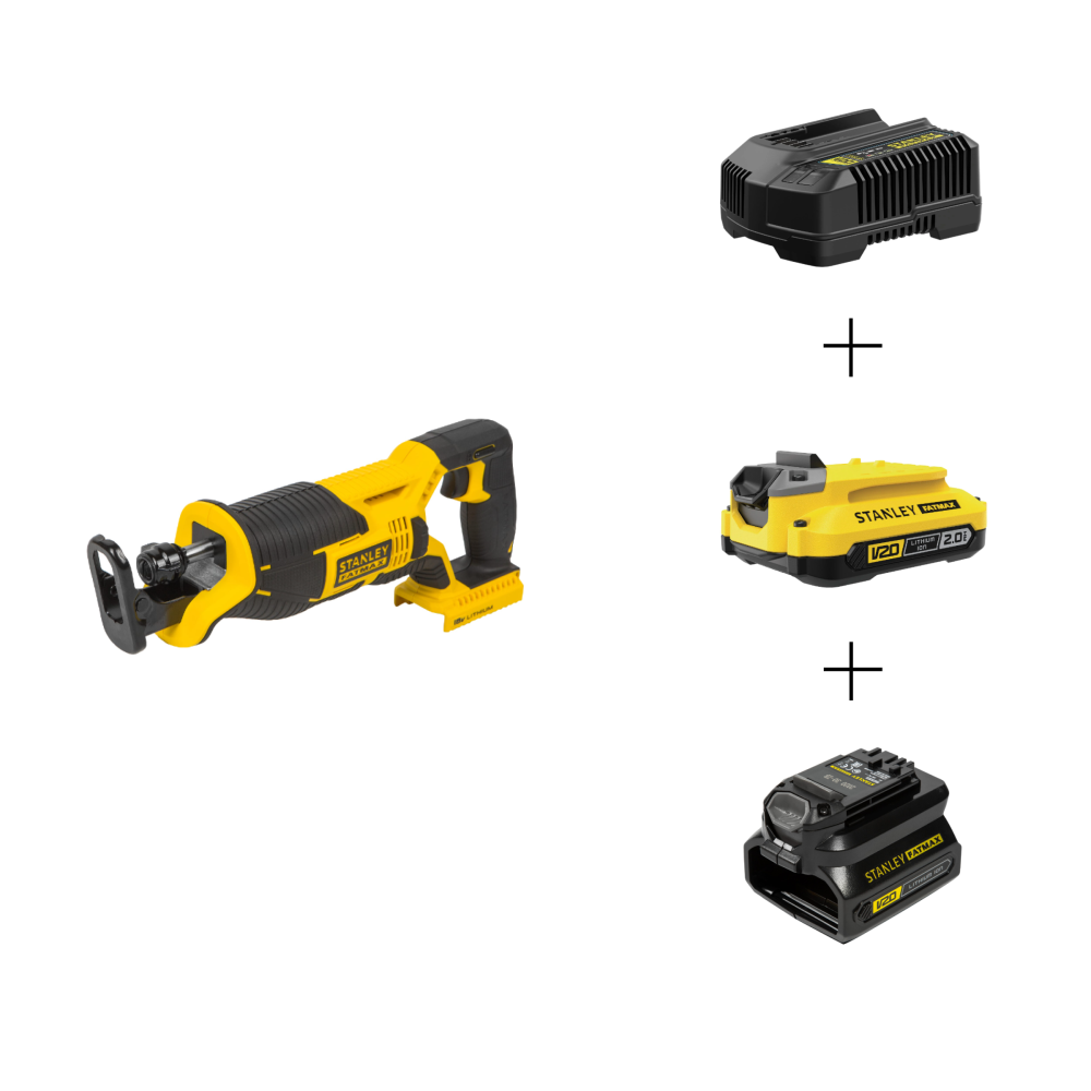 Набор: Аккумуляторная сабельная пила Stanley Fatmax FMC675B + Аккумулятор SB202 + Зарядное устройство SC200 + Адаптер для аккумуляторов SFMCB100