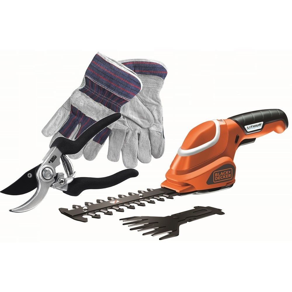 Аккумуляторные садовые ножницы BLACK+DECKER, 7 В, 15 см, со встроенной АКБ 1.2 Ач и ЗУ, GSL700KIT + перчатки и ручные ножницы