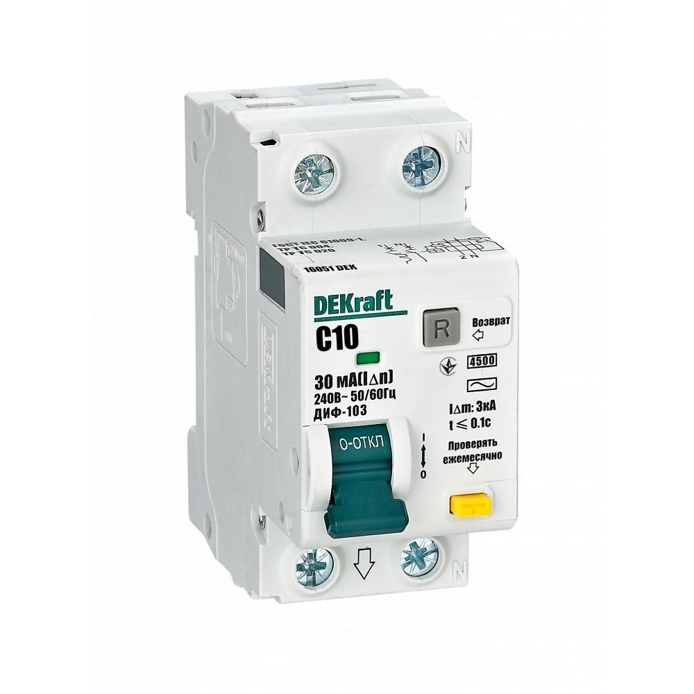 Автоматический выключатель дифференциального тока 1Р+N 10А 30мА тип AC характеристика C 4.5кА ДИФ-103 DEKraft 16051DEK
