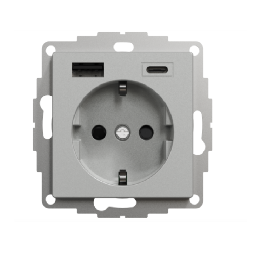 Розетка силовая 16А с 2 USB A+С, 3 A, Merten Systeme M Schneider Electric АЛЮМИНИЙ MTN2367-0460