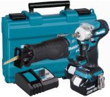 Аккумуляторный набор Makita, 18 В: гайковерт DTW300 + сабельная пила DJR187, с 2 АКБ 5 Ач и ЗУ, в кейсе