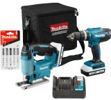 Набор электроинструмента Makita 18 В: дрель-шуруповерт + лобзик + набор пилок, с 2 АКБ 1.5 Ач и ЗУ, в сумке