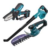Аккумуляторный набор садовой техники Makita, 12 В: цепная пила UC100 + кусторез UH201 + воздуходув UB101, с АКБ 2 Ач и ЗУ