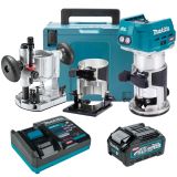 Набор Makita: аккумуляторный кромочный фрезер RT001GZ19, 31000 об/мин + аккумулятор BL4040, 40 В, 4 Ач + быстрое зарядное устройство DC40RA, PT993