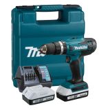 Аккумуляторная ударная дрель-шуруповерт Makita, 18 В, 1400 об/мин, 21000 уд/мин, с 2 АКБ 2 Ач и ЗУ, в кейсе, HP488DWAE