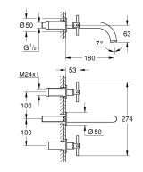 Внешняя часть смесителя для раковины GROHE Atrio настенного монтажа на 3 отверстия, двухвентильный, суперсталь (20164DC3)