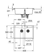 Мойка GROHE K700 с 2 чашами, 838 x 559 мм,черный гранит (31657AP0)
