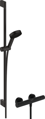 Душевой набор hansgrohe Pulsify Select S 105 3jet Relaxation EcoSmart с термостатом Ecostat Element и душевой штангой 90 см, 24271670, матовый черный