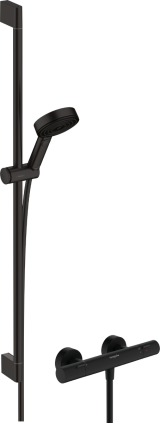 Душевой набор hansgrohe Pulsify Select S 105 3jet Relaxation EcoSmart с термостатом Ecostat Fine и душевой штангой 90 см, 24261670, матовый черный