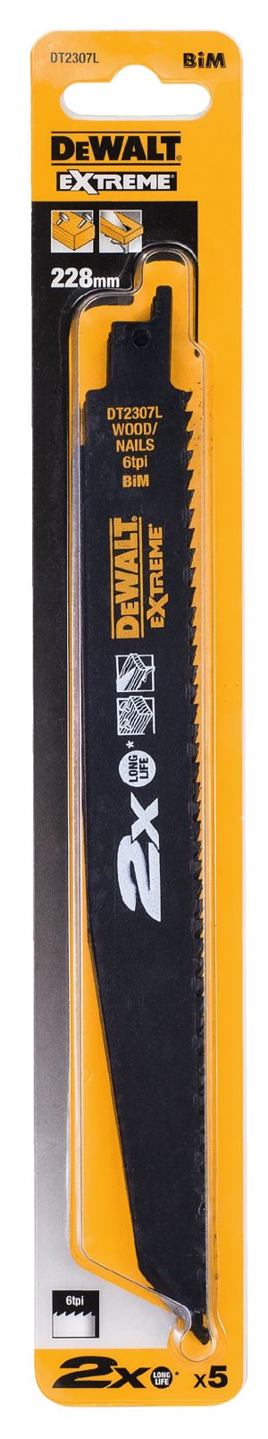 Полотно DEWALT DT2307L, по дереву с гвоздями для сабельных пил биметаллическое, BiM, 228 x 4.2 мм, S1110VF, 5 шт.