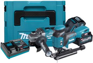 Аккумуляторный набор Makita, 40 В: лобзик JV001 + угловая шлифмашина GA004, с 2 АКБ 4 Ач и ЗУ, в кейсе MakPac