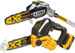 Аккумуляторный набор садовой техники DEWALT, 18 В: цепная пила DCMPS520 + сучкорез-высоторез DCMPS567, с АКБ 5 Ач и ЗУ