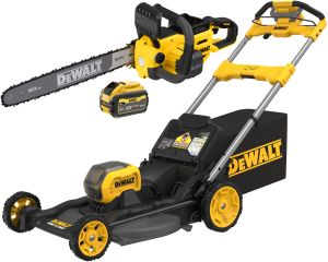 Аккумуляторный набор садовой техники DEWALT, 54 В: цепная пила DCMCS575 + газонокосилка DCMWSP550, с АКБ 3 Ач и ЗУ