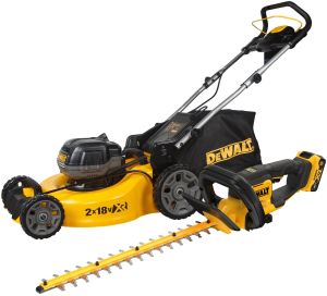 Аккумуляторный набор садовой техники DEWALT, 18 В: газонокосилка DCMW564 + кусторез DCMHT564, с 2 АКБ 5 Ач без ЗУ