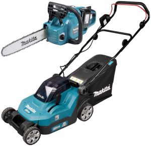 Аккумуляторный набор садовой техники Makita, 18 В: цепная пила DUC353 + газонокосилка DLM382, с 2 АКБ 5 Ач и ЗУ