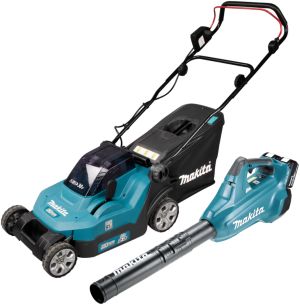 Аккумуляторный набор садовой техники Makita, 18 В: газонокосилка DLM382 + воздуходувка DUB362, с 2 АКБ 4 Ач и ЗУ