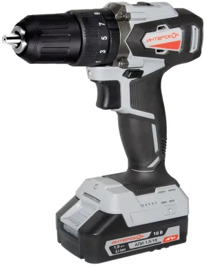Дрель-шуруповерт ИНТЕРСКОЛ ДАУ-13/18ВК 45, 18 В, 1700 об/мин, 25500 уд/мин, с 2 АКБ 1.5 Ач и ЗУ, в кейсе (573.1.2.70)
